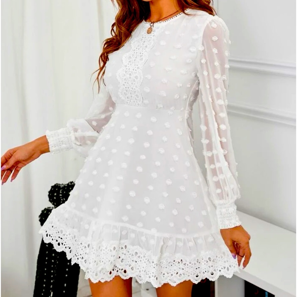 SHEIN Swiss Dot Lace Trim-Shirred Cuff Dress.